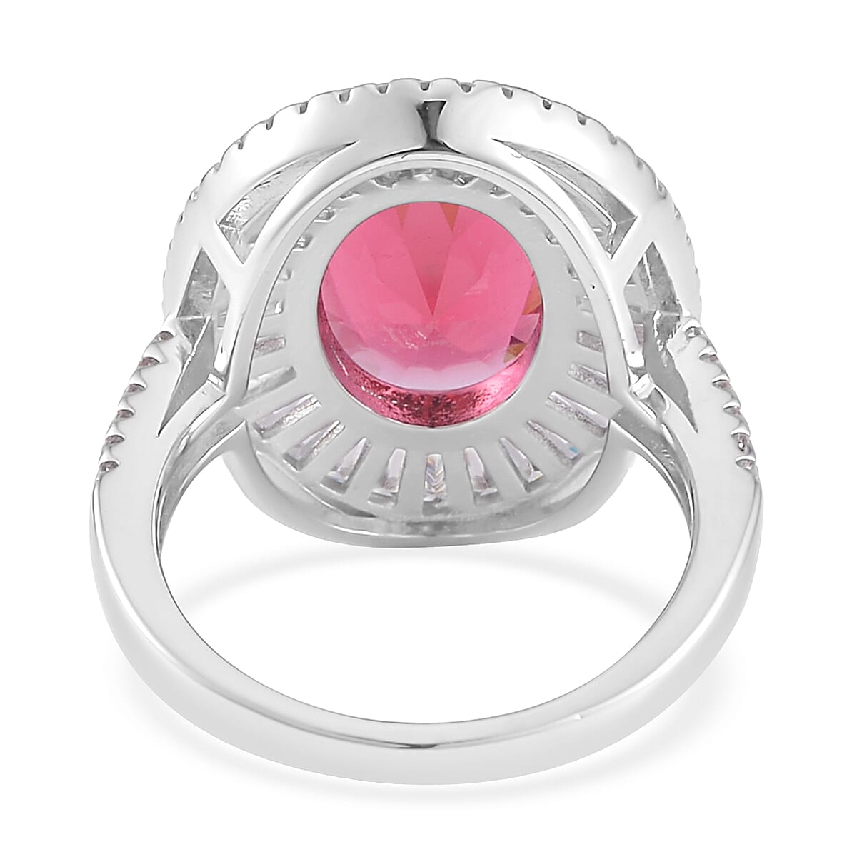 Simulated Rose and White Diamond Double Halo Ring in Silvertone (Size 9.0) 14.50 ctw image number 4