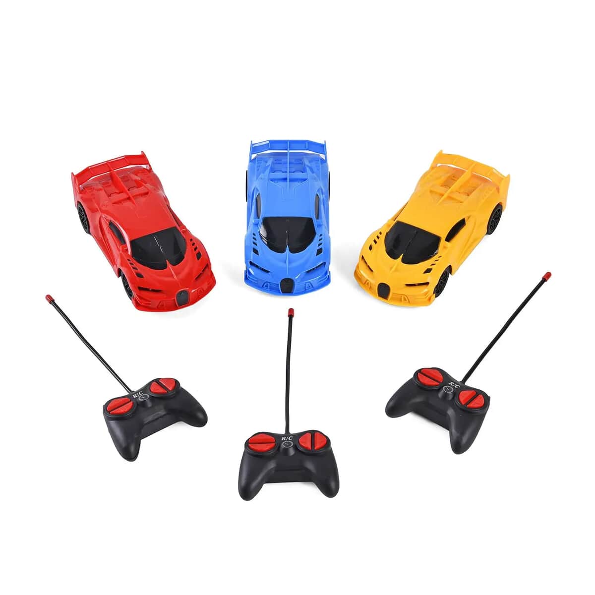 Red, Blue and Yellow 3pcs 4 Channels Toy Car with LED Light (3xAA for Car, 2xAA for Controller Not Included) image number 0