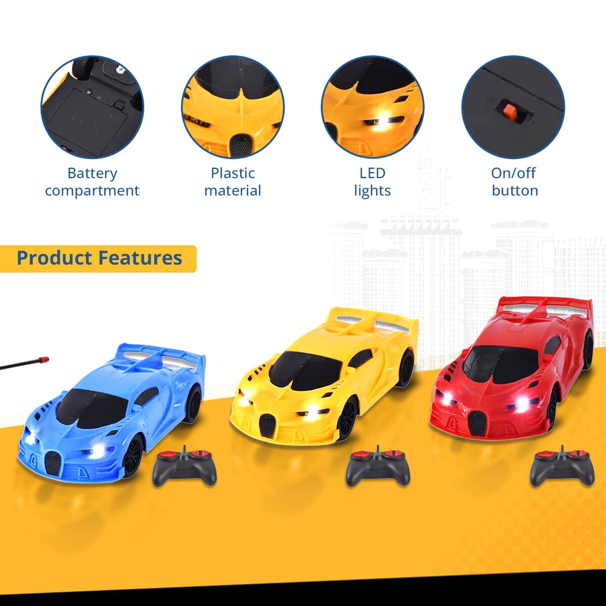 Red, Blue and Yellow 3pcs 4 Channels Toy Car with LED Light (3xAA for Car, 2xAA for Controller Not Included) image number 1