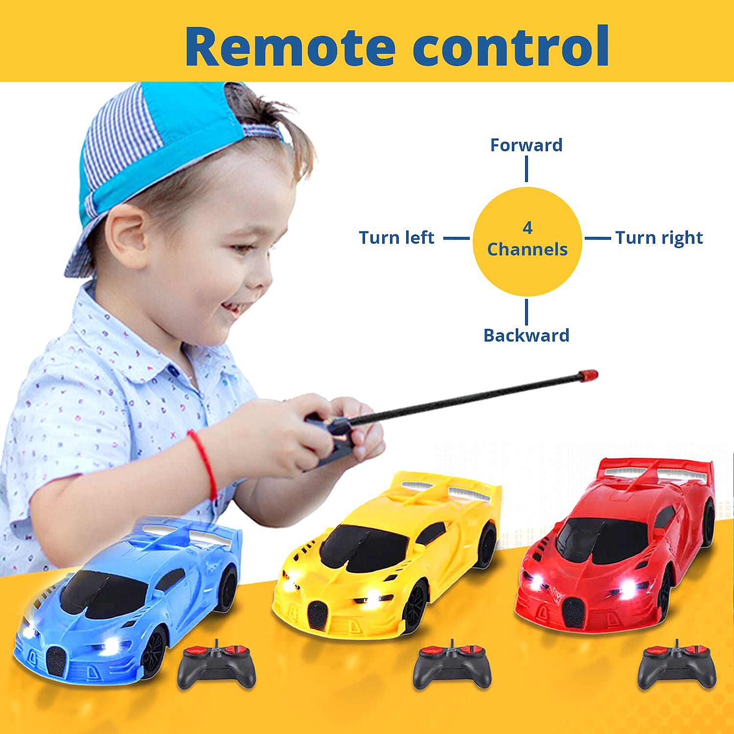 Red, Blue and Yellow 3pcs 4 Channels Toy Car with LED Light (3xAA for Car, 2xAA for Controller Not Included)