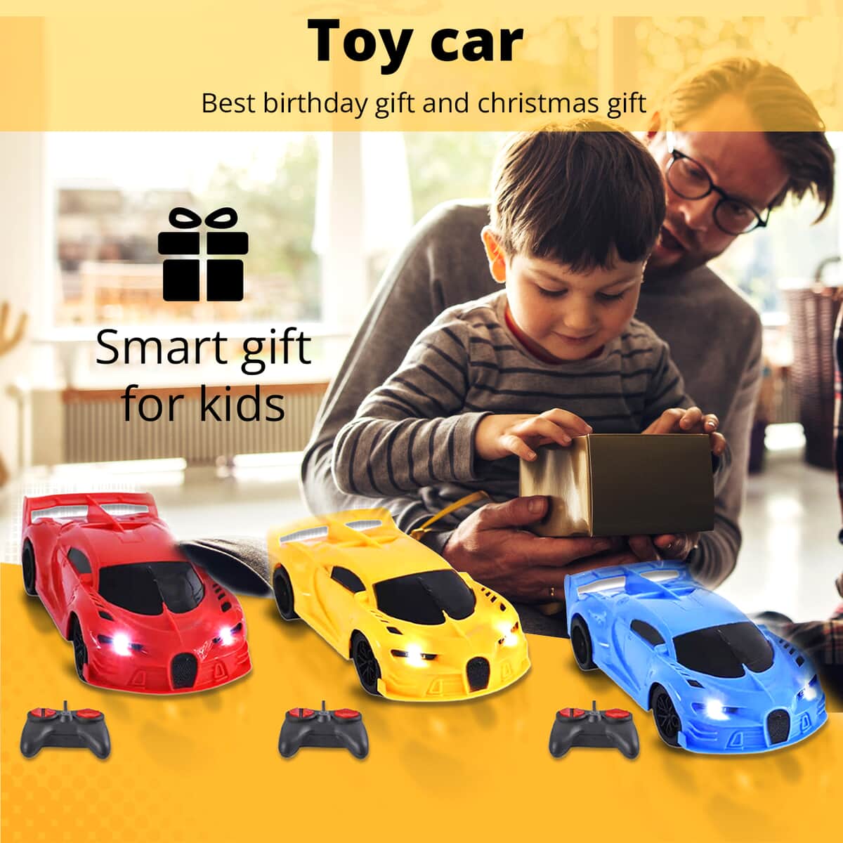 Red, Blue and Yellow 3pcs 4 Channels Toy Car with LED Light (3xAA for Car, 2xAA for Controller Not Included) image number 3