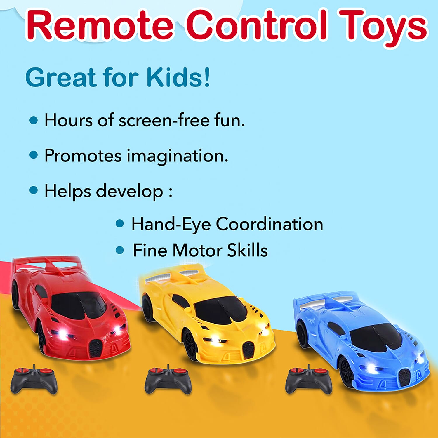 Red, Blue and Yellow 3pcs 4 Channels Toy Car with LED Light (3xAA for Car, 2xAA for Controller Not Included)