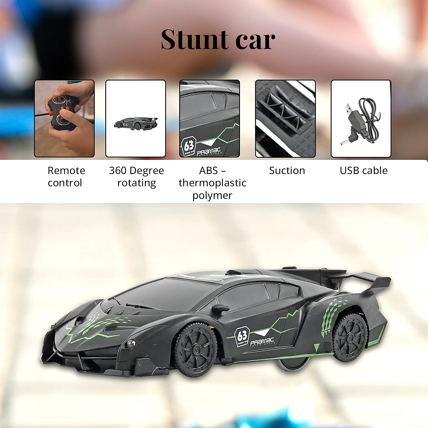 Black Remote Control Racing Wall Climbing Rechargeable Stunt Car (2xAA Battery Not Included)