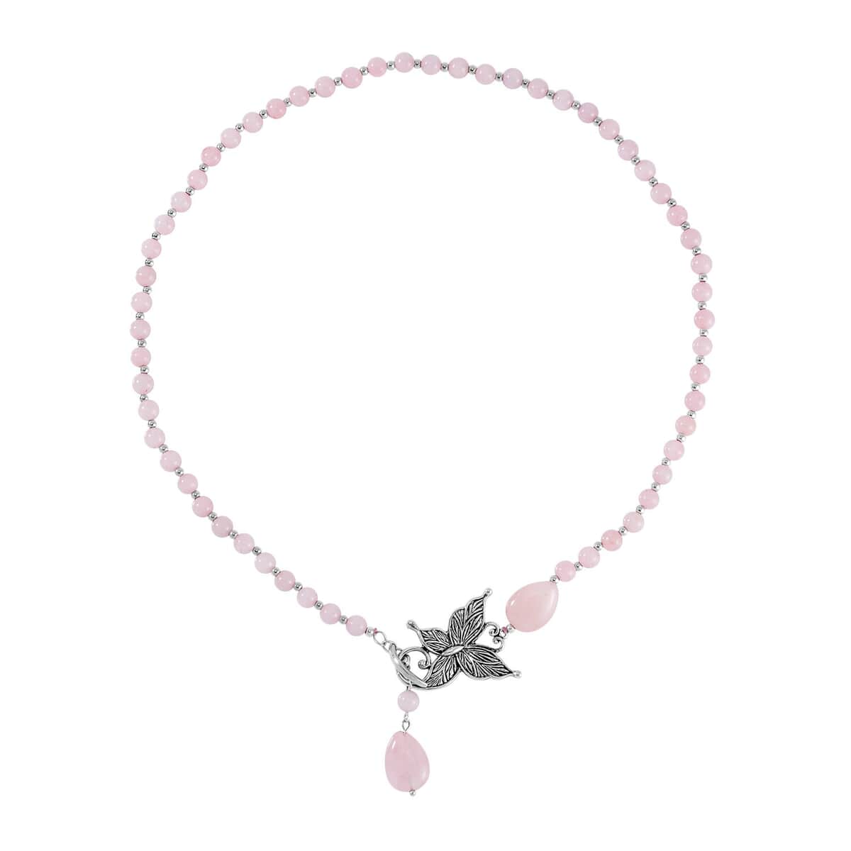 Galilea Rose Quartz Beaded Butterfly Necklace 20 Inches in Silvertone 131.00 ctw image number 0