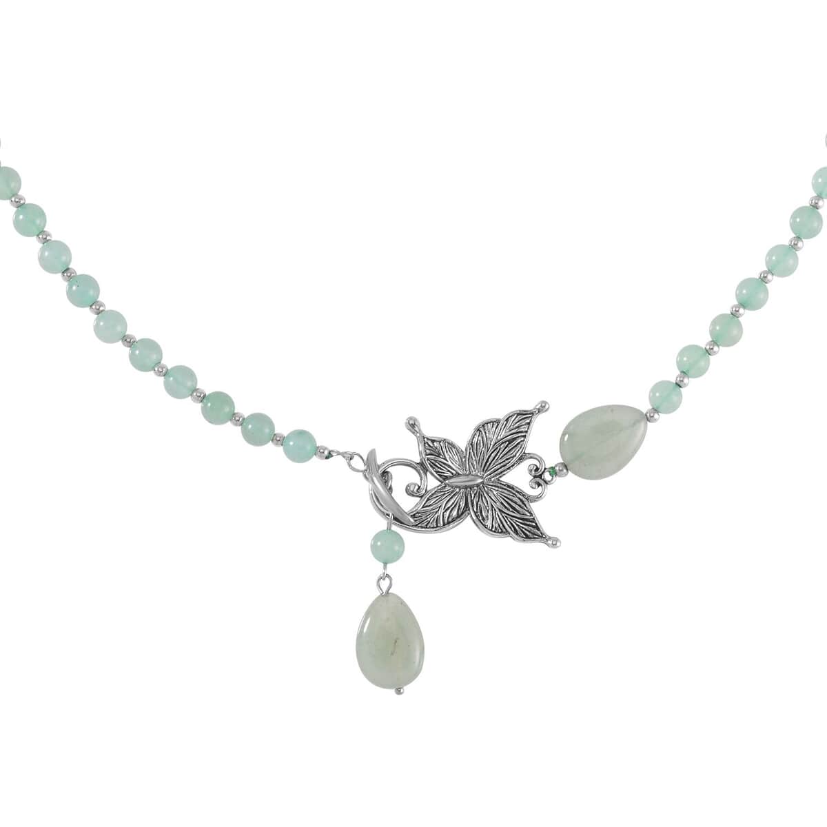 Green Aventurine Beaded Butterfly Necklace 20 Inches in Silvertone 131.00 ctw image number 2