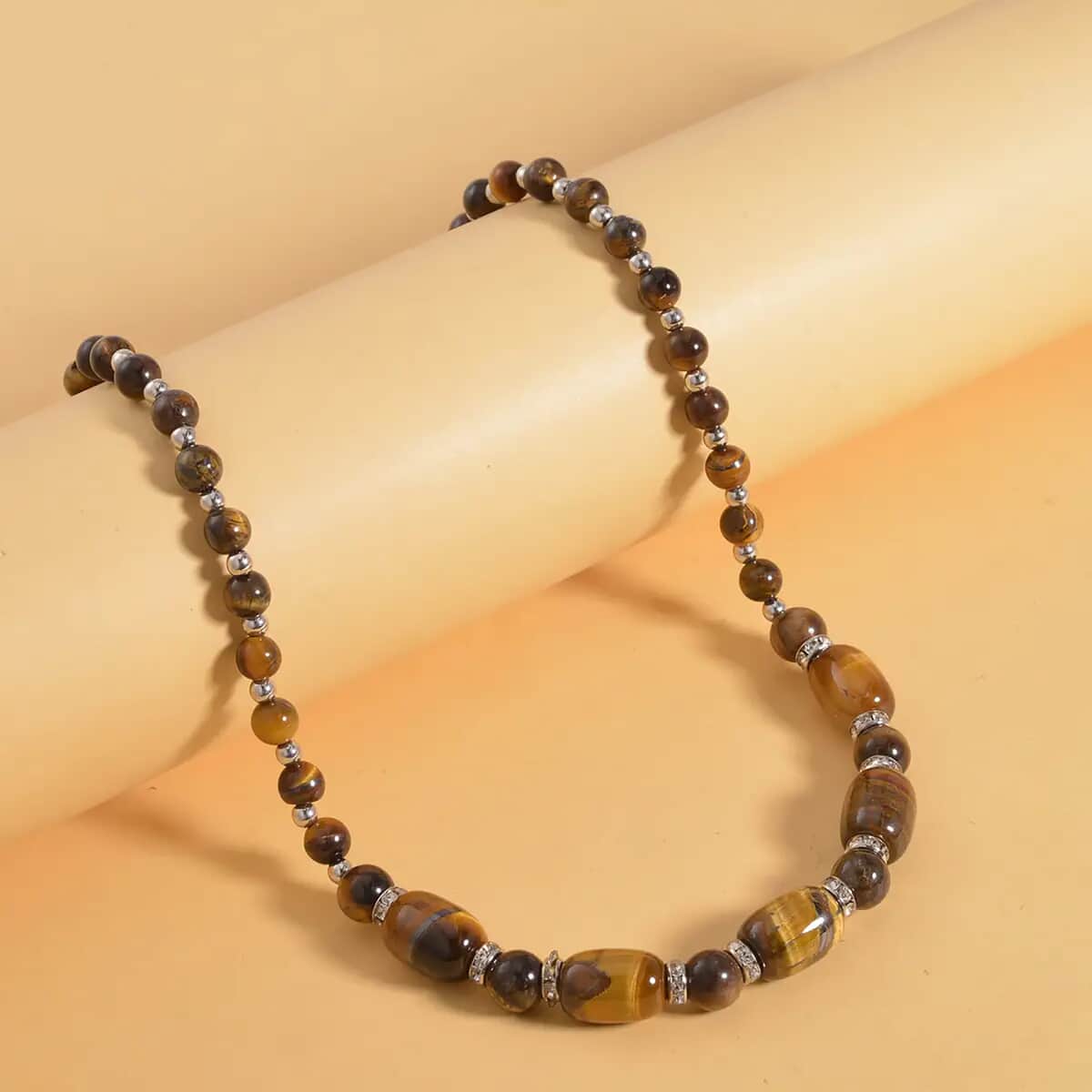 Yellow Tiger's Eye and Austrian Crystal 142.00 ctw Beaded Necklace in Silvertone 18-20 Inches image number 1