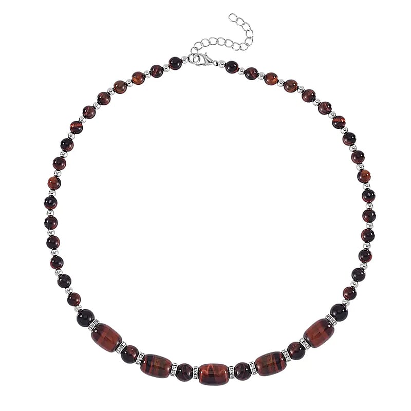 Red Tiger's Eye and Austrian Crystal 142.00 ctw Beaded Necklace in Silvertone 18-20 Inches