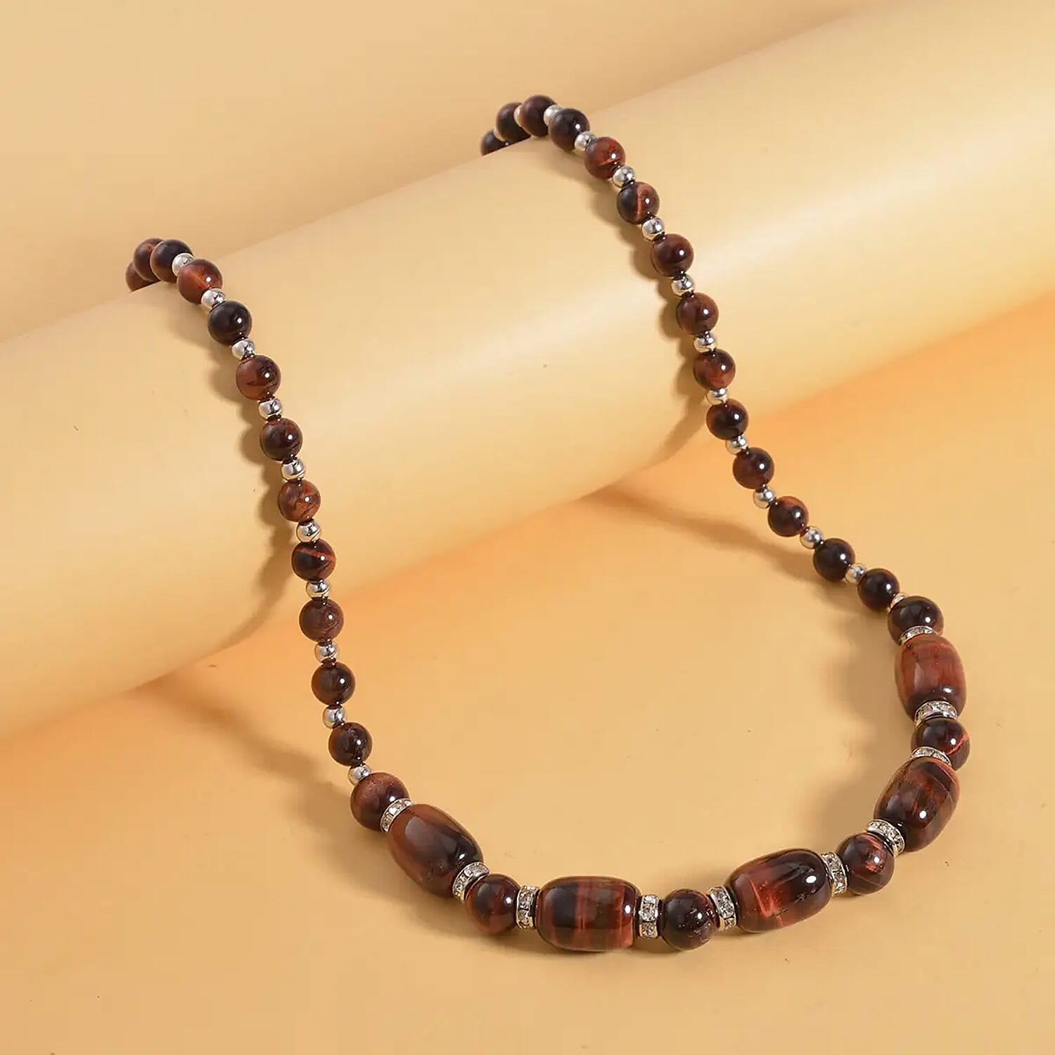 Red Tiger's Eye and Austrian Crystal 142.00 ctw Beaded Necklace in Silvertone 18-20 Inches