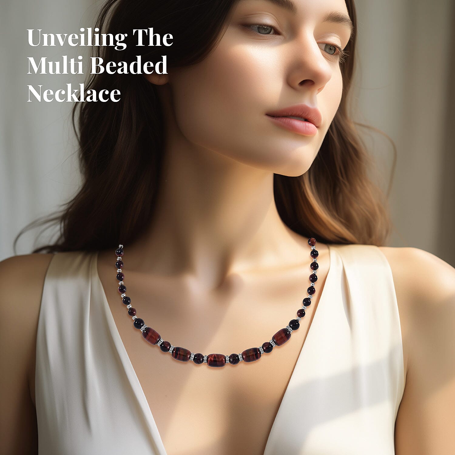 Red Tiger's Eye and Austrian Crystal 142.00 ctw Beaded Necklace in Silvertone 18-20 Inches