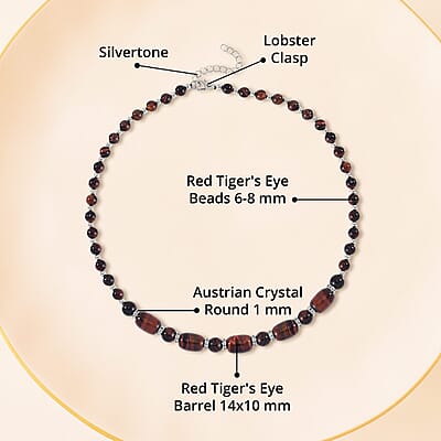 Red Tiger's Eye and Austrian Crystal 142.00 ctw Beaded Necklace in Silvertone 18-20 Inches