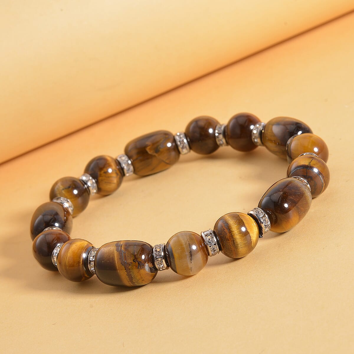Yellow Tiger's Eye and Austrian Crystal Stretch Bracelet in Silvertone 125.00 ctw image number 1
