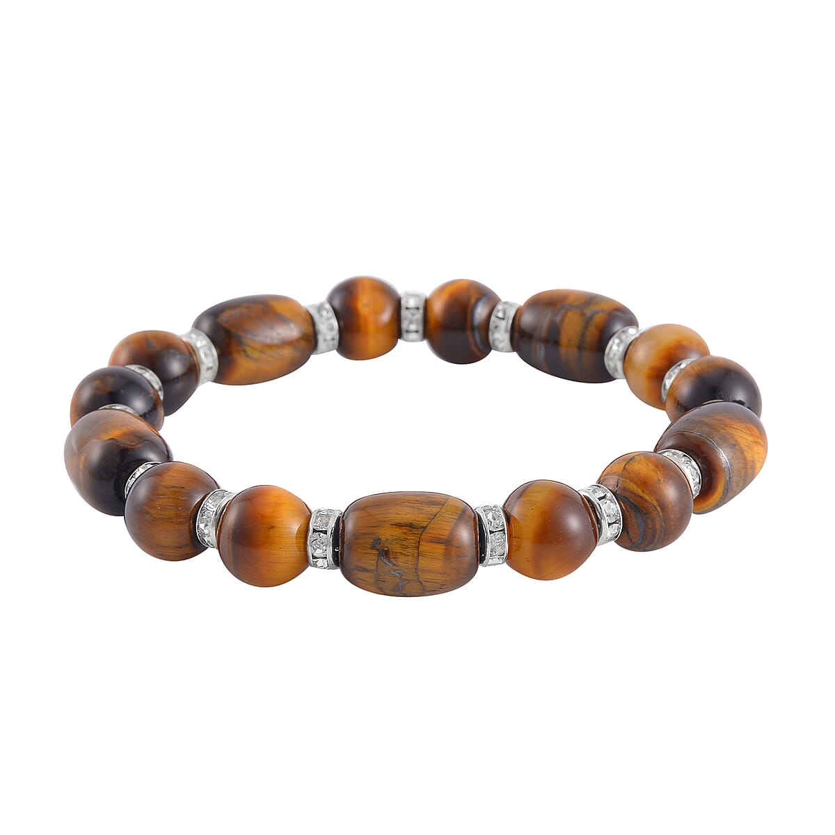 Yellow Tiger's Eye and Austrian Crystal Stretch Bracelet in Silvertone 125.00 ctw image number 2