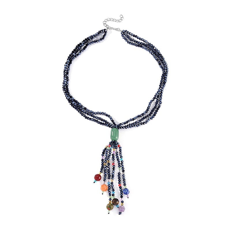 Green Aventurine, Multi Glass, Multi Gemstone Beaded 3 Row Tassels Necklace 18-20 Inches in Silvertone 72.50 ctw