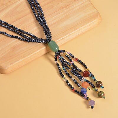 Green Aventurine, Multi Glass, Multi Gemstone Beaded 3 Row Tassels Necklace 18-20 Inches in Silvertone 72.50 ctw