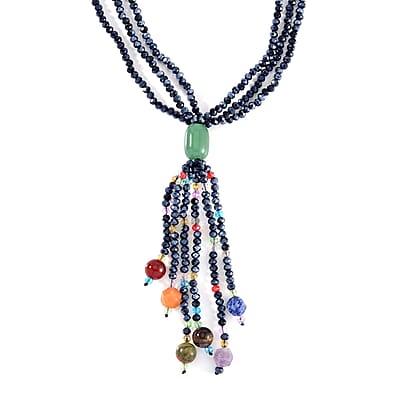 Green Aventurine, Multi Glass, Multi Gemstone Beaded 3 Row Tassels Necklace 18-20 Inches in Silvertone 72.50 ctw