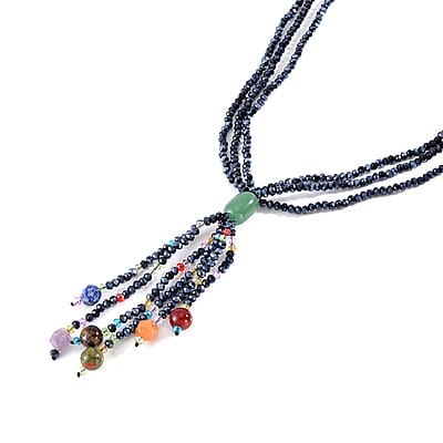 Green Aventurine, Multi Glass, Multi Gemstone Beaded 3 Row Tassels Necklace 18-20 Inches in Silvertone 72.50 ctw