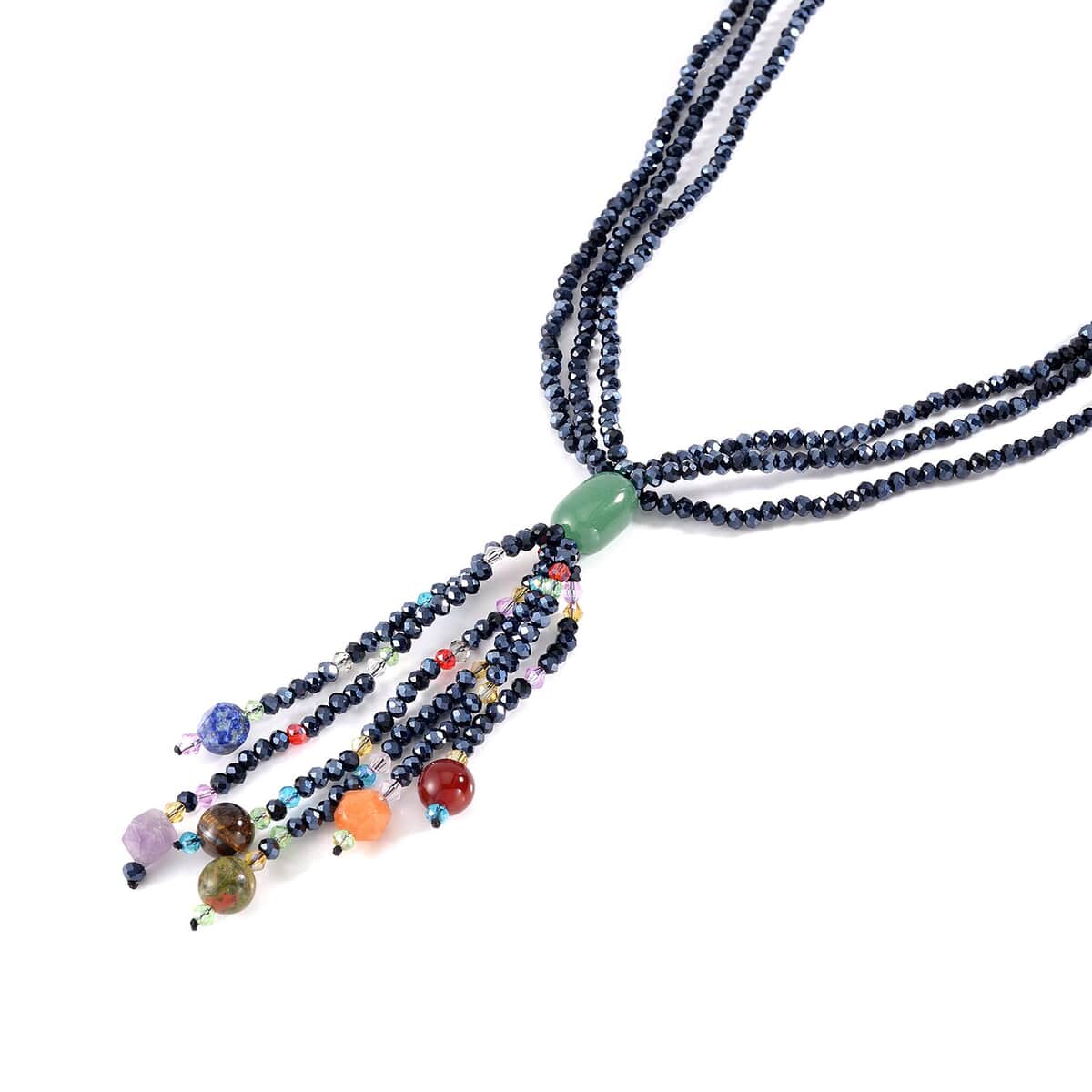 Green Aventurine, Multi Glass, Multi Gemstone Beaded 3 Row Tassels Necklace 18-20 Inches in Silvertone 72.50 ctw image number 3