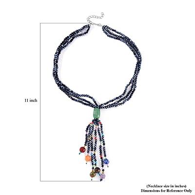 Green Aventurine, Multi Glass, Multi Gemstone Beaded 3 Row Tassels Necklace 18-20 Inches in Silvertone 72.50 ctw