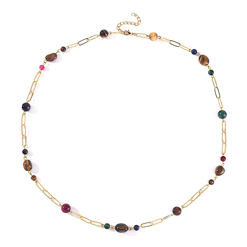 Multi Color Tiger's Eye 128.00 ctw Paper Clip Chain Necklace in Goldtone 28-30 Inches