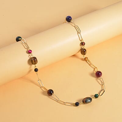 Multi Color Tiger's Eye 128.00 ctw Paper Clip Chain Necklace in Goldtone 28-30 Inches