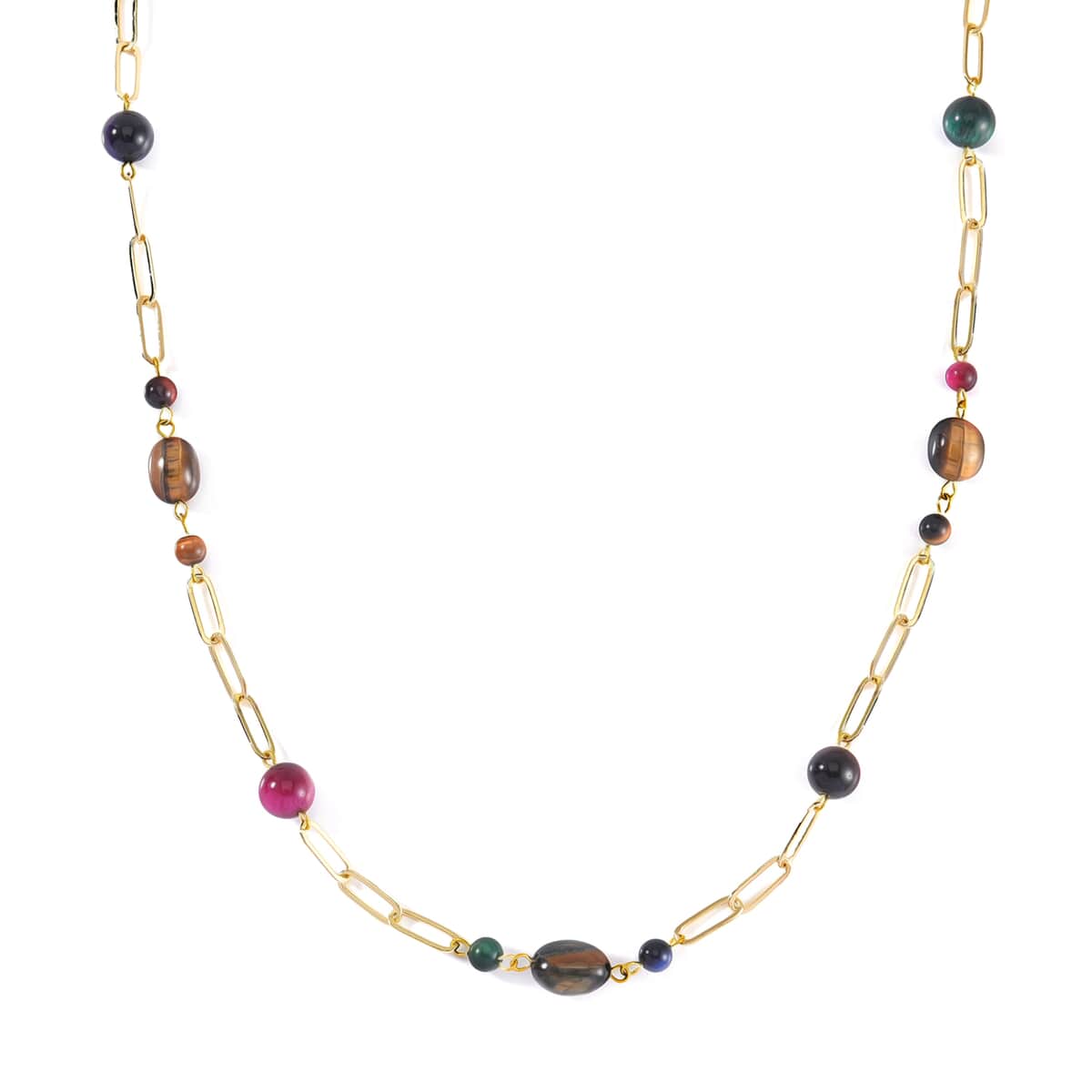Multi Color Tiger's Eye Paper Clip Chain Necklace 28-30 Inches in Goldtone 128.00 ctw image number 2