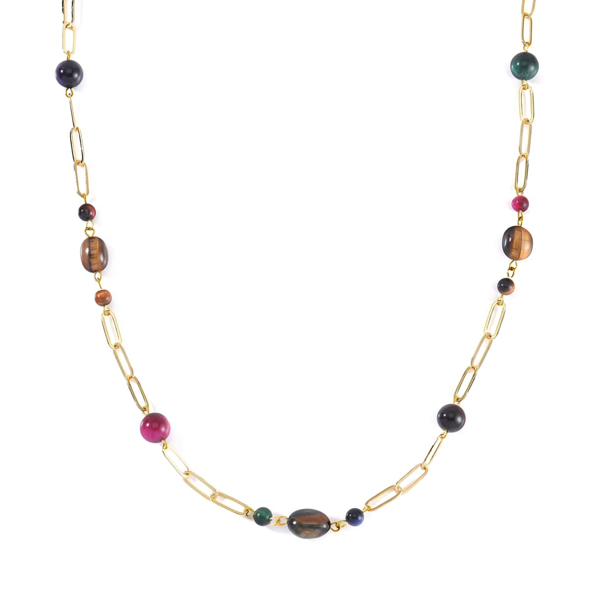 Multi Color Tiger's Eye 128.00 ctw Paper Clip Chain Necklace in Goldtone 28-30 Inches image number 2