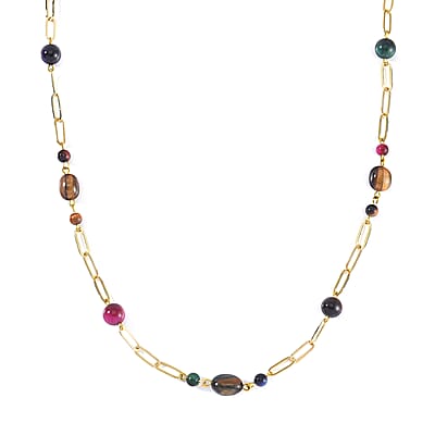 Multi Color Tiger's Eye 128.00 ctw Paper Clip Chain Necklace in Goldtone 28-30 Inches