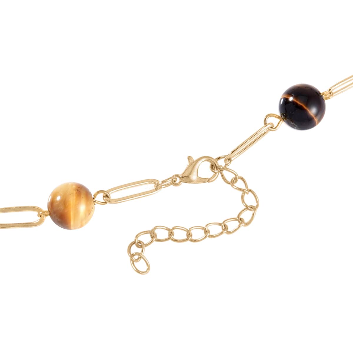 Multi Color Tiger's Eye Paper Clip Chain Necklace (28-30 Inches) in Goldtone 128.00 ctw image number 3