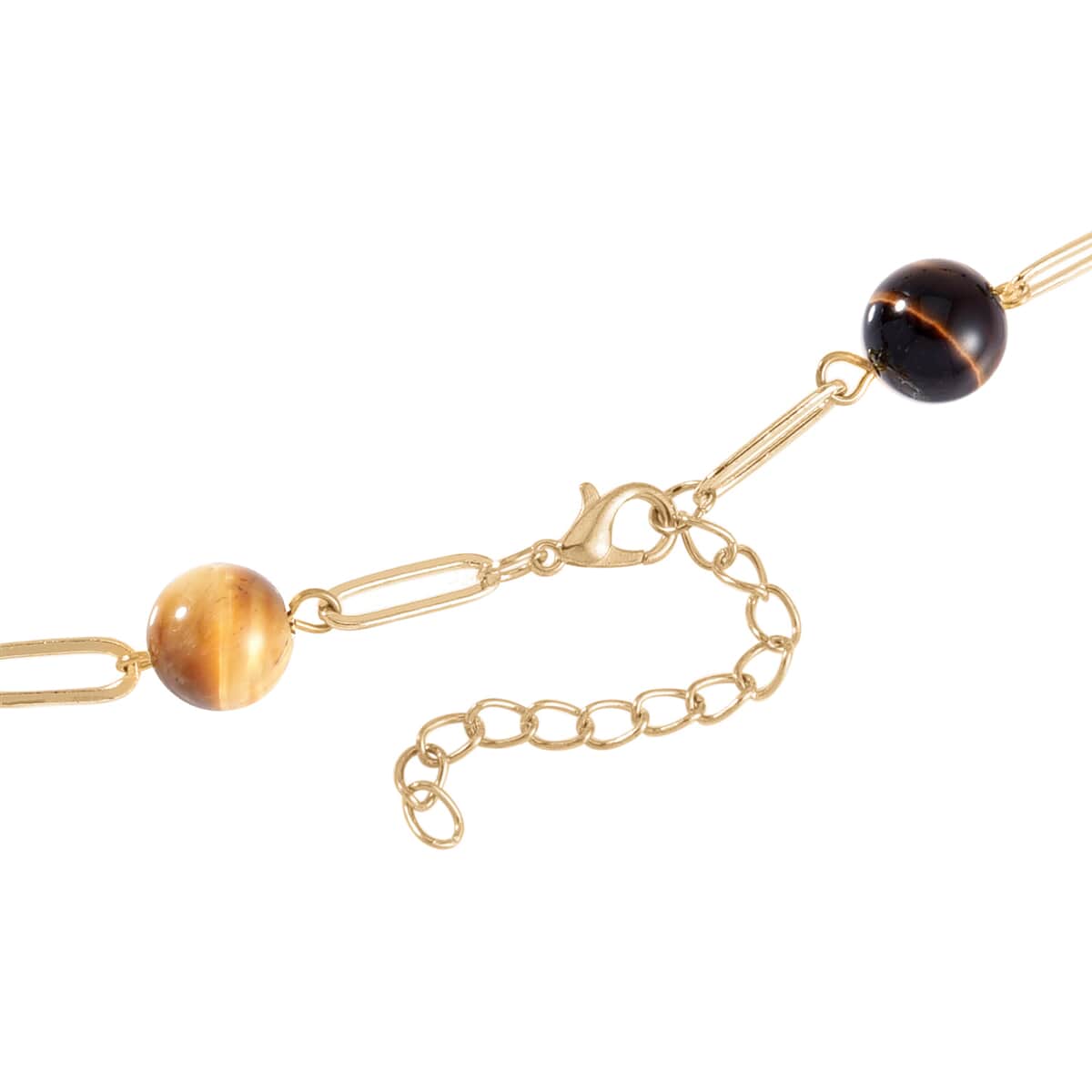 Multi Color Tiger's Eye 128.00 ctw Paper Clip Chain Necklace in Goldtone 28-30 Inches image number 3