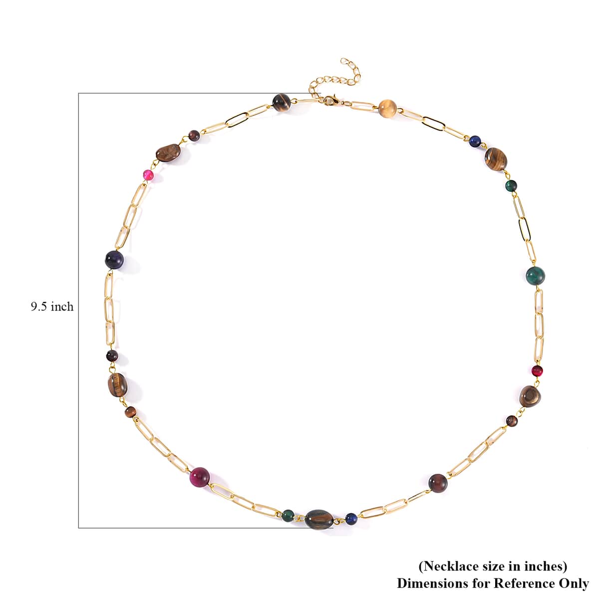 Multi Color Tiger's Eye 128.00 ctw Paper Clip Chain Necklace in Goldtone 28-30 Inches image number 4