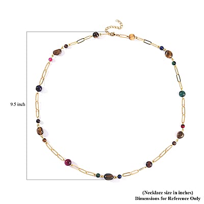 Multi Color Tiger's Eye 128.00 ctw Paper Clip Chain Necklace in Goldtone 28-30 Inches