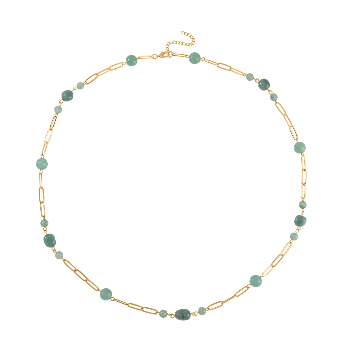 Green Aventurine 122.80 ctw Paper Clip Chain Necklace in Goldtone 28-30 Inches image number 0