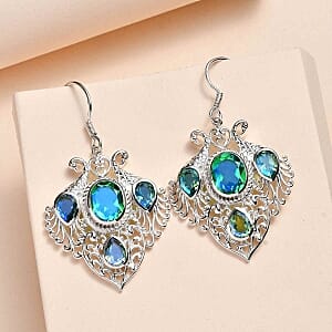 Peacock Triplet Quartz Lever Back 12.20 ctw Earrings in Sterling Silver