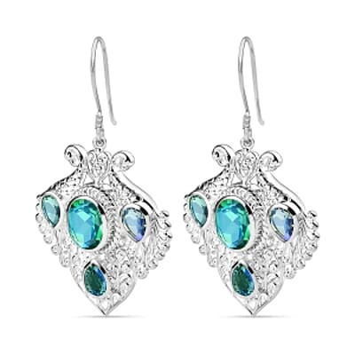 Peacock Triplet Quartz Lever Back 12.20 ctw Earrings in Sterling Silver