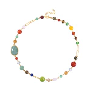 Multi Gemstone and Multi Color Austrian Crystal Necklace 18-20 Inches in Goldtone 134.00 ctw