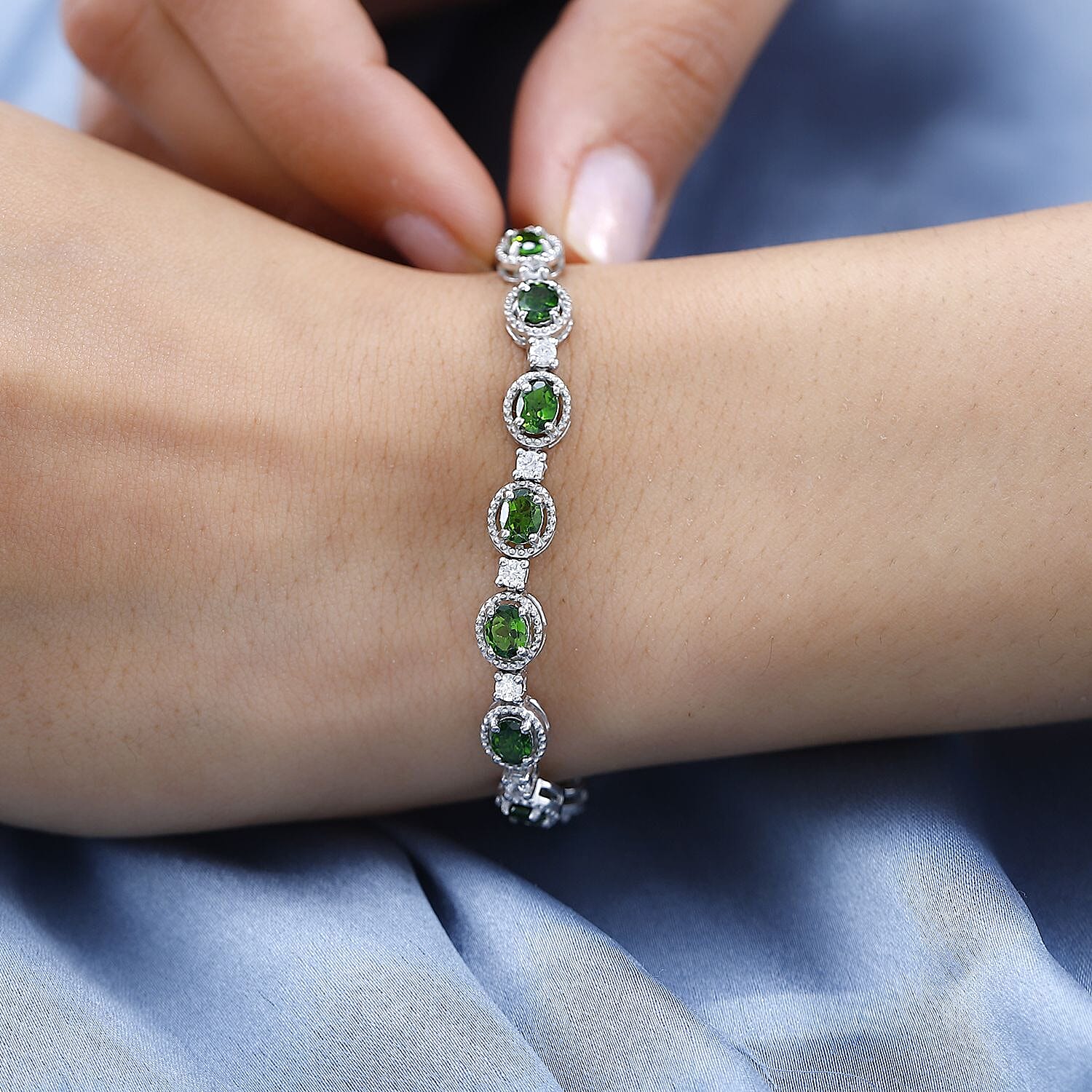 Chrome Diopside and White Zircon Bracelet in Platinum Over Sterling Silver (8.00 In) 8.90 ctw