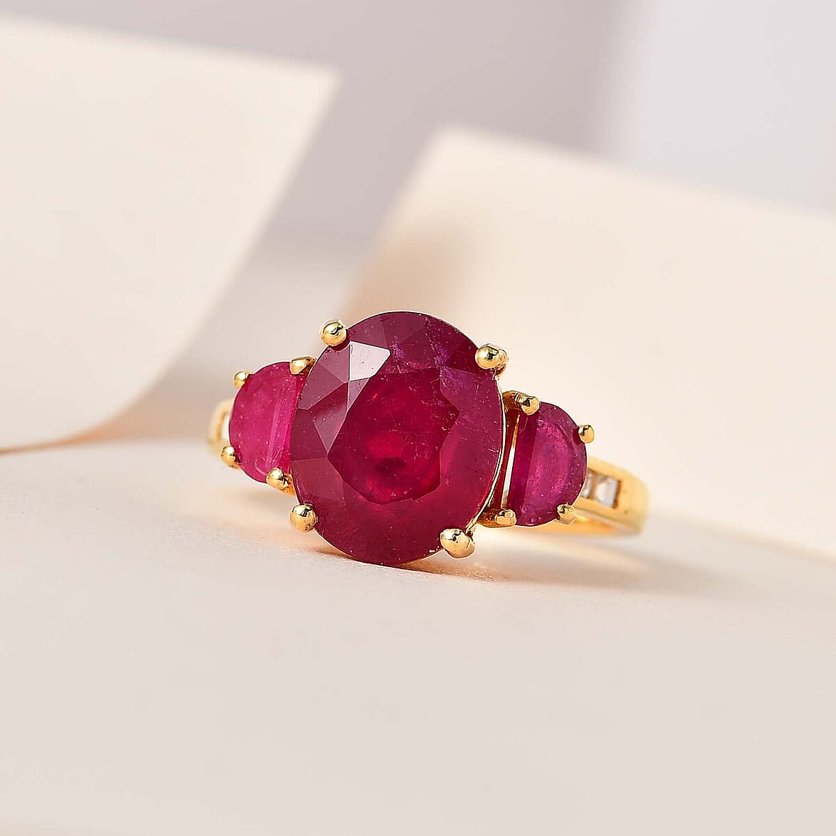 Niassa Ruby (FF) and White Topaz Trilogy Ring in Vermeil Yellow Gold Over Sterling Silver (Size 7.0) 8.90 ctw image number 1