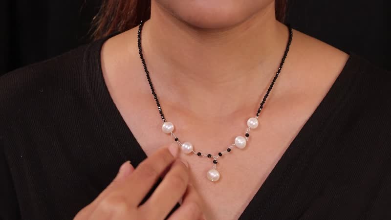 White Freshwater Pearl and Thai Black Spinel Necklace 20 Inches in Sterling Silver 20.00 ctw