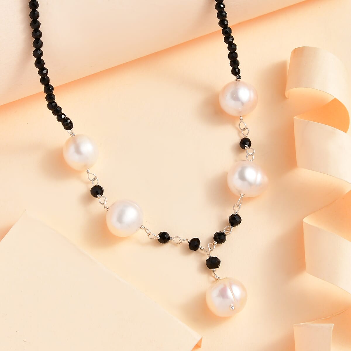 White Freshwater Pearl and Thai Black Spinel Necklace 20 Inches in Sterling Silver 20.00 ctw image number 1