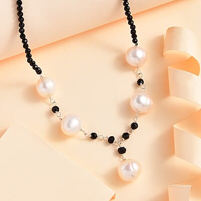 White Freshwater Pearl and Thai Black Spinel Necklace 20 Inches in Sterling Silver 20.00 ctw
