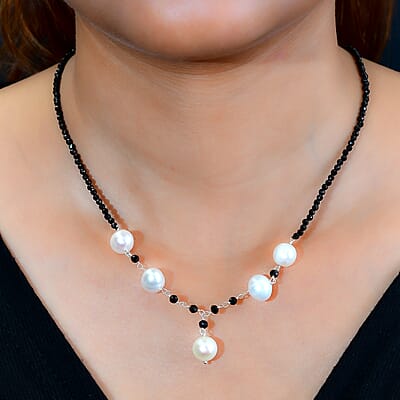 White Freshwater Pearl and Thai Black Spinel Necklace 20 Inches in Sterling Silver 20.00 ctw