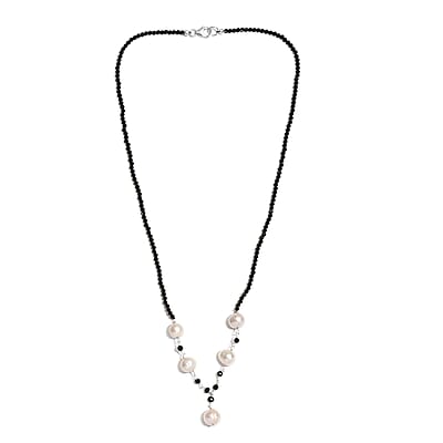 White Freshwater Pearl and Thai Black Spinel Necklace 20 Inches in Sterling Silver 20.00 ctw