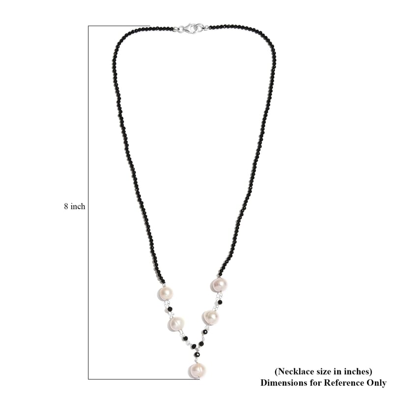White Freshwater Pearl and Thai Black Spinel Necklace 20 Inches in Sterling Silver 20.00 ctw