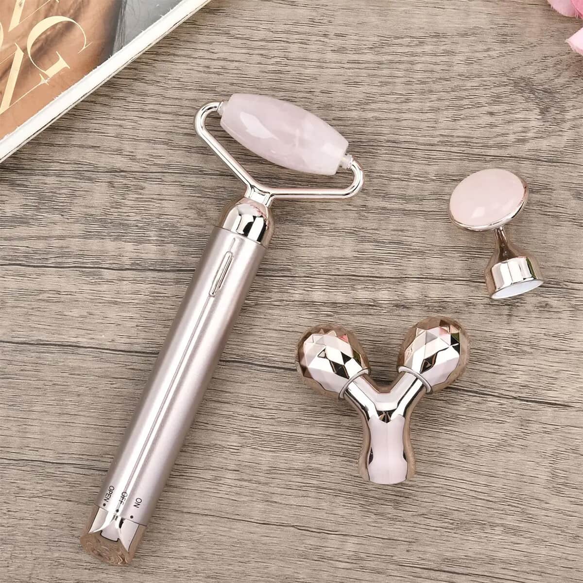 3-in-1 Electric Rose Quartz Vibration Massager Roller, Facial Massager With 3 Detachable Heads for Face Lift Anti-Aging Anti-Wrinkles Skin Tightening (1xAA Batteries Not included) image number 1