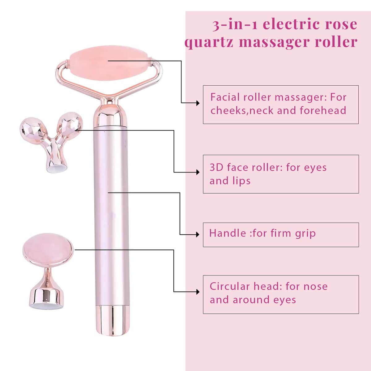 3-in-1 Electric Rose Quartz Vibration Massager Roller, Facial Massager With 3 Detachable Heads for Face Lift Anti-Aging Anti-Wrinkles Skin Tightening (1xAA Batteries Not included) image number 3