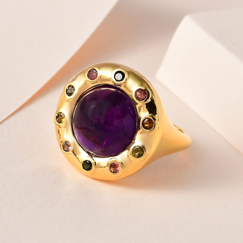 African Amethyst and Multi-Tourmaline 7.40 ctw Ring in 14K YG Over Sterling Silver (Size 5.5)