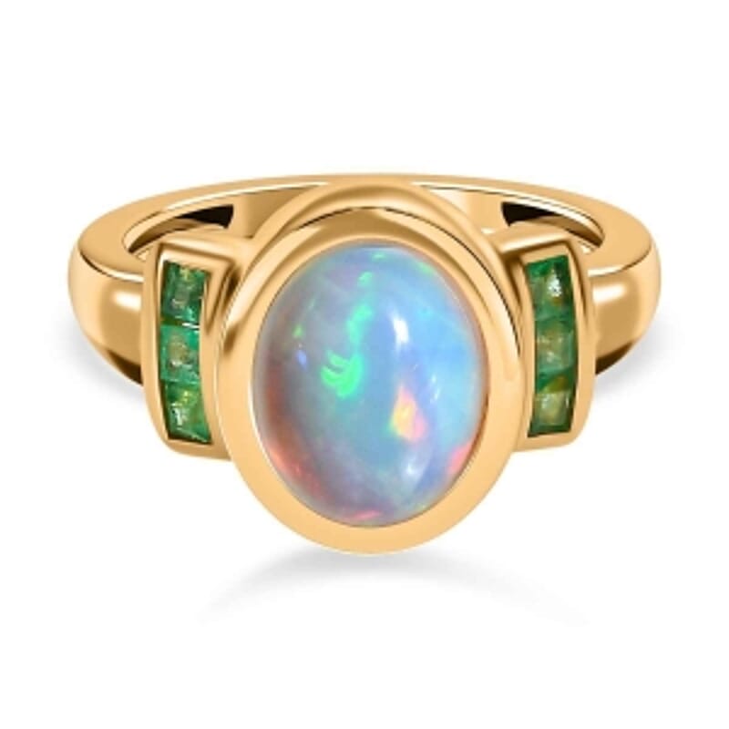 Ethiopian Welo Opal and Kagem Zambian Emerald 2.05 ctw Ring in Vermeil Yellow Gold Over Sterling Silver (Size 9)
