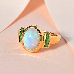 Ethiopian Welo Opal and Kagem Zambian Emerald 2.05 ctw Ring in Vermeil Yellow Gold Over Sterling Silver (Size 9)