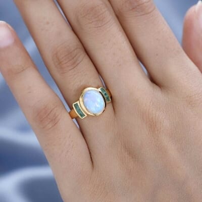 Ethiopian Welo Opal and Kagem Zambian Emerald 2.05 ctw Ring in Vermeil Yellow Gold Over Sterling Silver (Size 9)