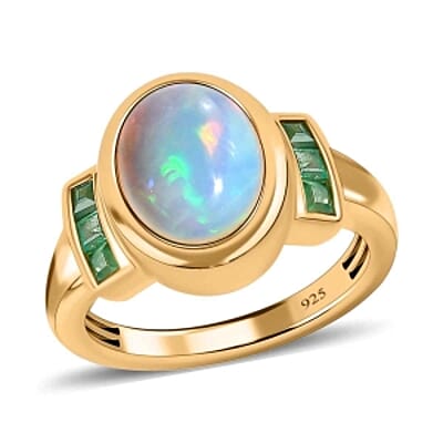 Ethiopian Welo Opal and Kagem Zambian Emerald 2.05 ctw Ring in Vermeil Yellow Gold Over Sterling Silver (Size 9)